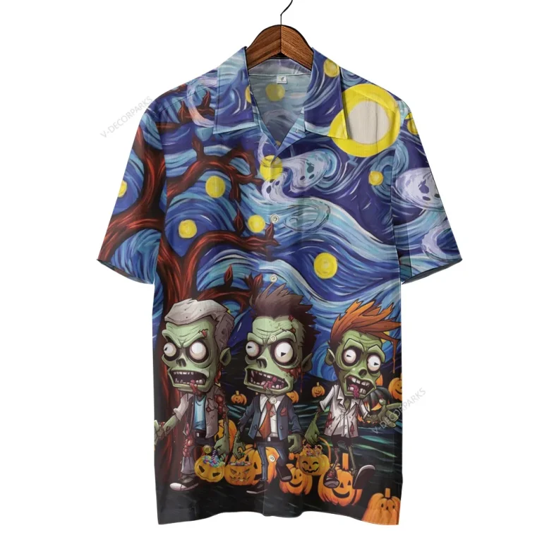 Halloween Horror Zombies Unisex Hawaiian Shirts, Van Gogh Artpiece Pattern Shirt, Spooky Night Aloha Shirt, Pumpkin Lover Gift