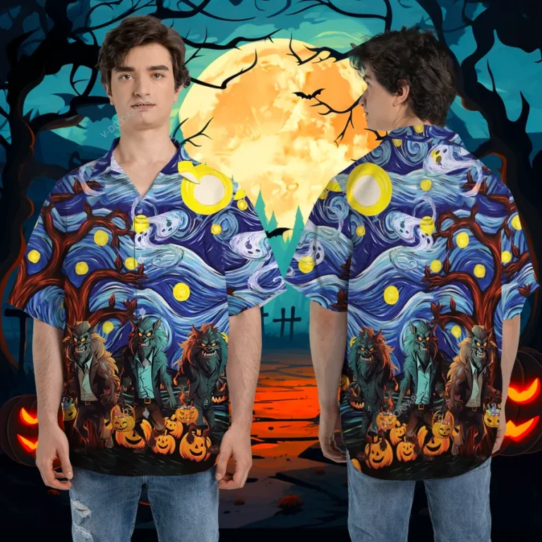 Wicked Werewolf Halloween Unisex Hawaiian Shirts, Mysterious Creatures Pattern Shirt, Spooky Forest Aloha Shirt, Post-impressionism Lover Gift
