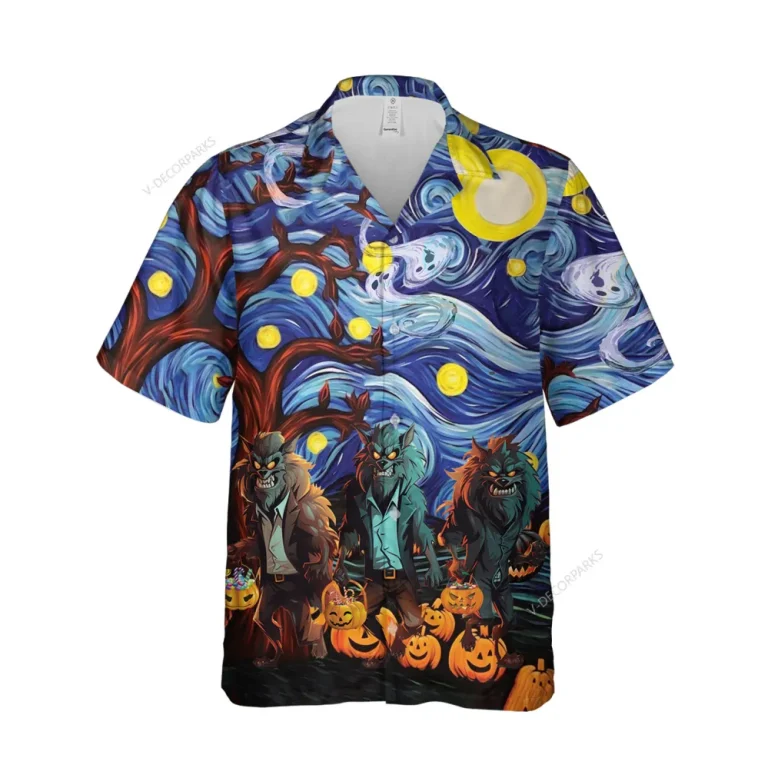 Wicked Werewolf Halloween Unisex Hawaiian Shirts, Mysterious Creatures Pattern Shirt, Spooky Forest Aloha Shirt, Post-impressionism Lover Gift