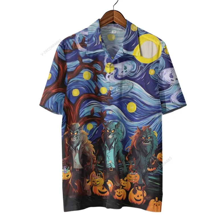Wicked Werewolf Halloween Unisex Hawaiian Shirts, Mysterious Creatures Pattern Shirt, Spooky Forest Aloha Shirt, Post-impressionism Lover Gift
