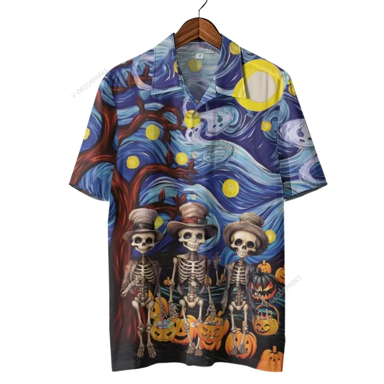 Haunted Male Skeleton Halloween Unisex Hawaiian Shirts, Dead Man Walking Pattern Shirt, Spooky Art Work Aloha Shirt, Family Party Wear