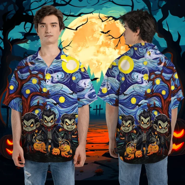 Halloween Horror Vampire Unisex Hawaiian Shirts, Painter Art Work Pattern Shirt, Starry Night Aloha Shirt, Moon Lover Gift