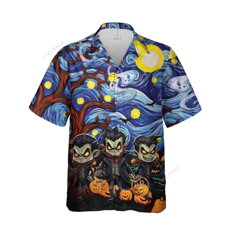 Halloween Horror Vampire Unisex Hawaiian Shirts, Painter Art Work Pattern Shirt, Starry Night Aloha Shirt, Moon Lover Gift