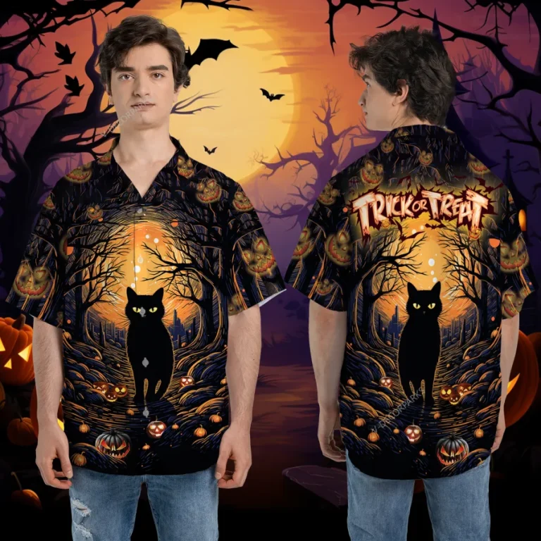 Horror Black Cat Unisex Hawaiian Shirts, Trick-or-treat Game Pattern Shirt, Spooky Pumpkin Aloha Shirt, Halloween Signature Printed Top