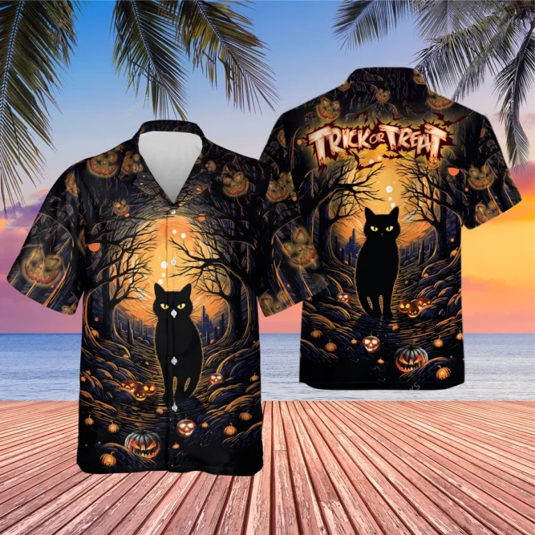 Horror Black Cat Unisex Hawaiian Shirts, Trick-or-treat Game Pattern Shirt, Spooky Pumpkin Aloha Shirt, Halloween Signature Printed Top