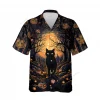 Horror Black Cat Unisex Hawaiian Shirts, Trick-or-treat Game Pattern Shirt, Spooky Pumpkin Aloha Shirt, Halloween Signature Printed Top
