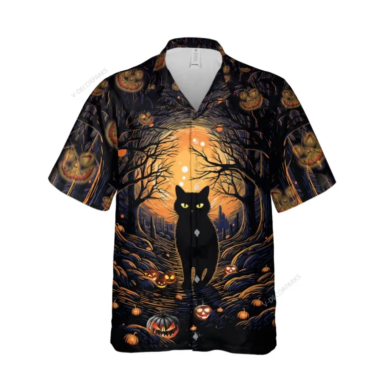 Horror Black Cat Unisex Hawaiian Shirts, Trick-or-treat Game Pattern Shirt, Spooky Pumpkin Aloha Shirt, Halloween Signature Printed Top