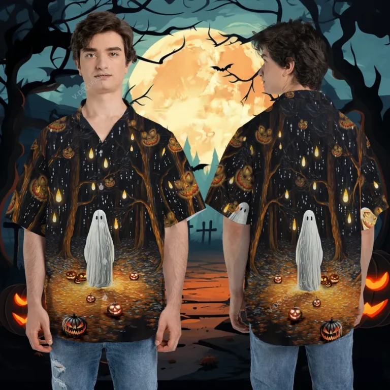 Lonely Boo Ghost Unisex Hawaiian Shirts, Hide 'n Seek Game Pattern Shirt, Horror Pumpkin Forest Aloha Shirt, Lantern Printed Top