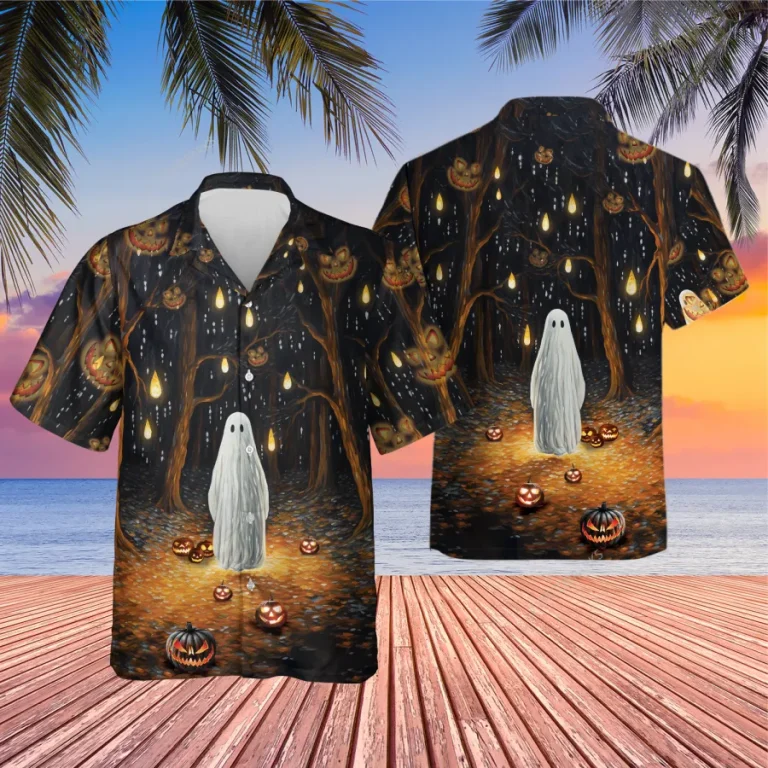 Lonely Boo Ghost Unisex Hawaiian Shirts, Hide 'n Seek Game Pattern Shirt, Horror Pumpkin Forest Aloha Shirt, Lantern Printed Top