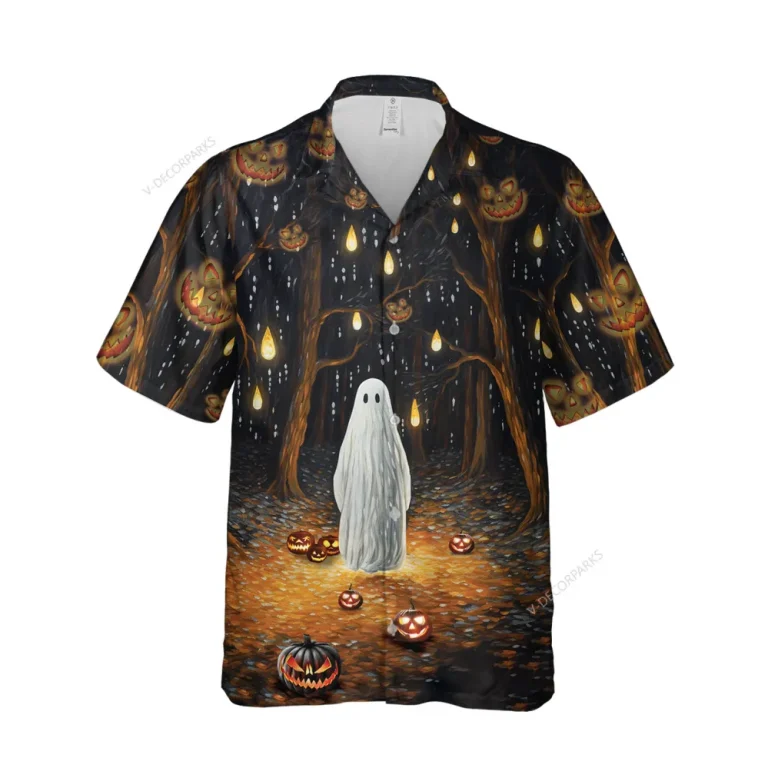 Lonely Boo Ghost Unisex Hawaiian Shirts, Hide 'n Seek Game Pattern Shirt, Horror Pumpkin Forest Aloha Shirt, Lantern Printed Top