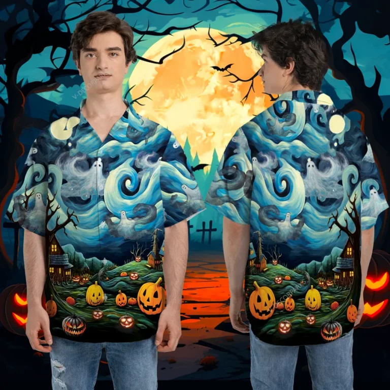 Halloween Boo Ghost Sky Unisex Hawaiian Shirts, Painting Pattern Shirt, Jack O' Lantern Aloha Shirt, Horror Lover Gift, Summer Aloha Beach Shirt