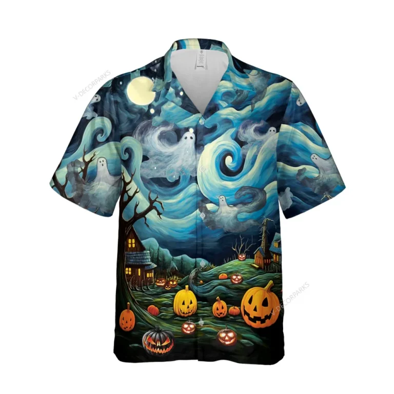 Halloween Boo Ghost Sky Unisex Hawaiian Shirts, Painting Pattern Shirt, Jack O' Lantern Aloha Shirt, Horror Lover Gift, Summer Aloha Beach Shirt
