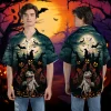 Halloween Scary Dino Mummy Unisex Hawaiian Shirts, Night Forest Pattern Shirt, Pumpkin Monster Printed Aloha Shirt, Halloween Gift For Family