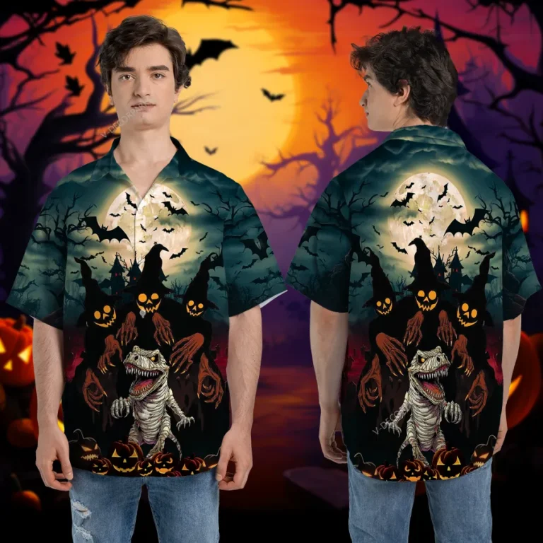Halloween Scary Dino Mummy Unisex Hawaiian Shirts, Night Forest Pattern Shirt, Pumpkin Monster Printed Aloha Shirt, Halloween Gift For Family
