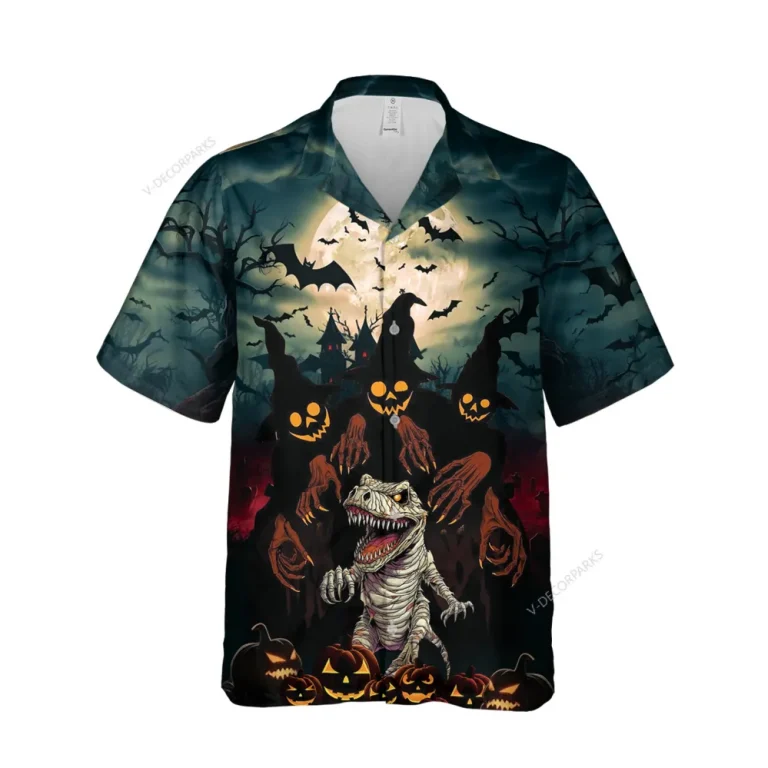 Halloween Scary Dino Mummy Unisex Hawaiian Shirts, Night Forest Pattern Shirt, Pumpkin Monster Printed Aloha Shirt, Halloween Gift For Family