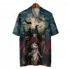 Halloween Scary Dino Mummy Unisex Hawaiian Shirts, Night Forest Pattern Shirt, Pumpkin Monster Printed Aloha Shirt, Halloween Gift For Family