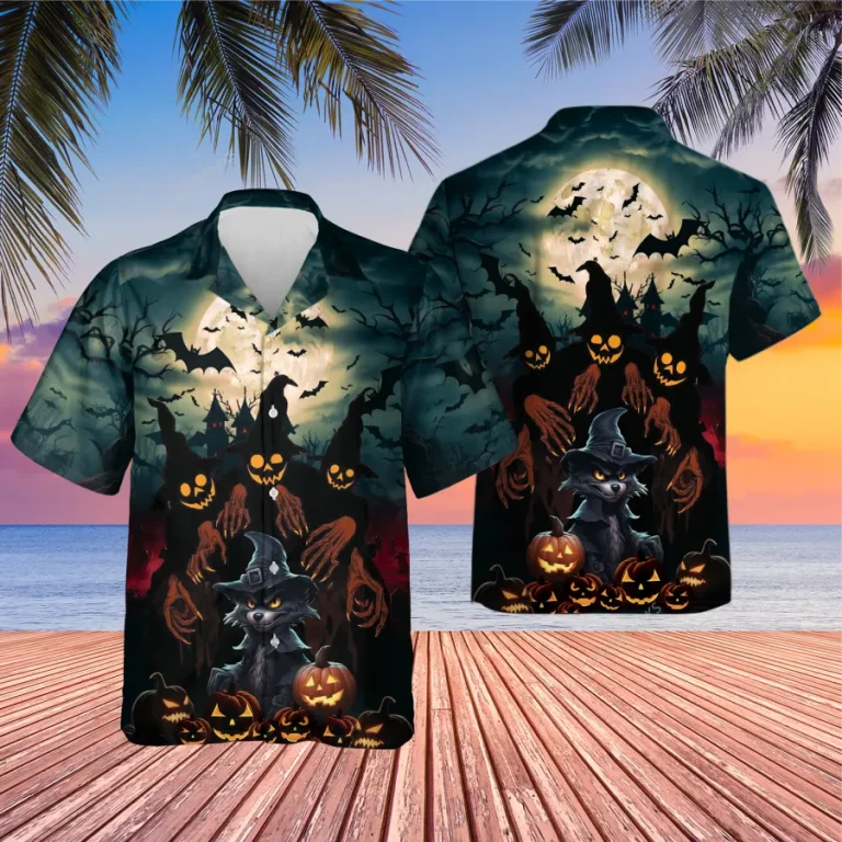 Halloween Little Werewolf Unisex Hawaiian Shirts, Creepy Night 3d Printed Shirt, Moon Patterned Aloha Shirt, Horror Vibes Fashion
