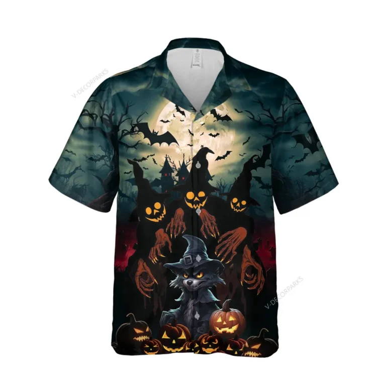 Halloween Little Werewolf Unisex Hawaiian Shirts, Creepy Night 3d Printed Shirt, Moon Patterned Aloha Shirt, Horror Vibes Fashion