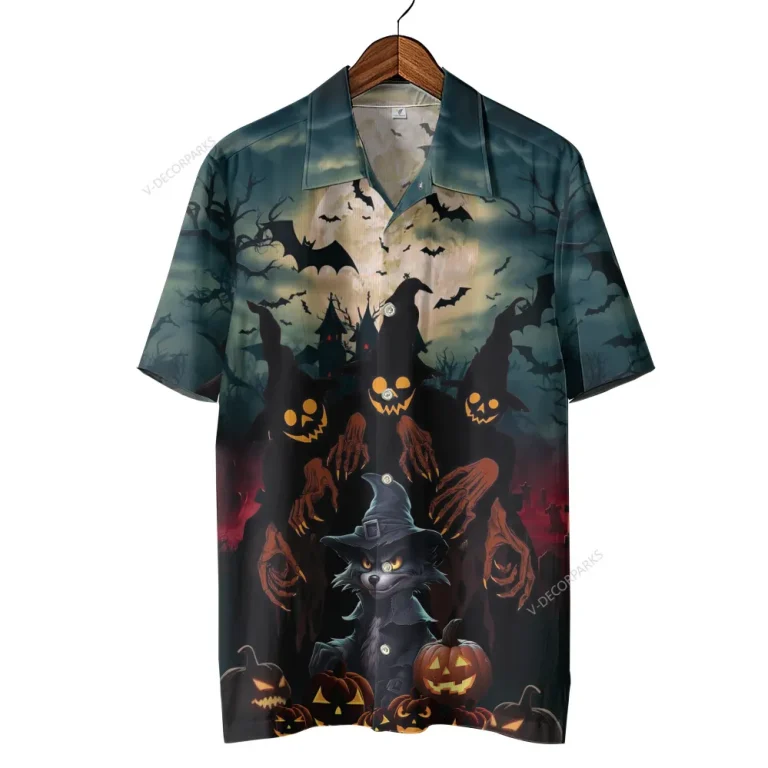Halloween Little Werewolf Unisex Hawaiian Shirts, Creepy Night 3d Printed Shirt, Moon Patterned Aloha Shirt, Horror Vibes Fashion