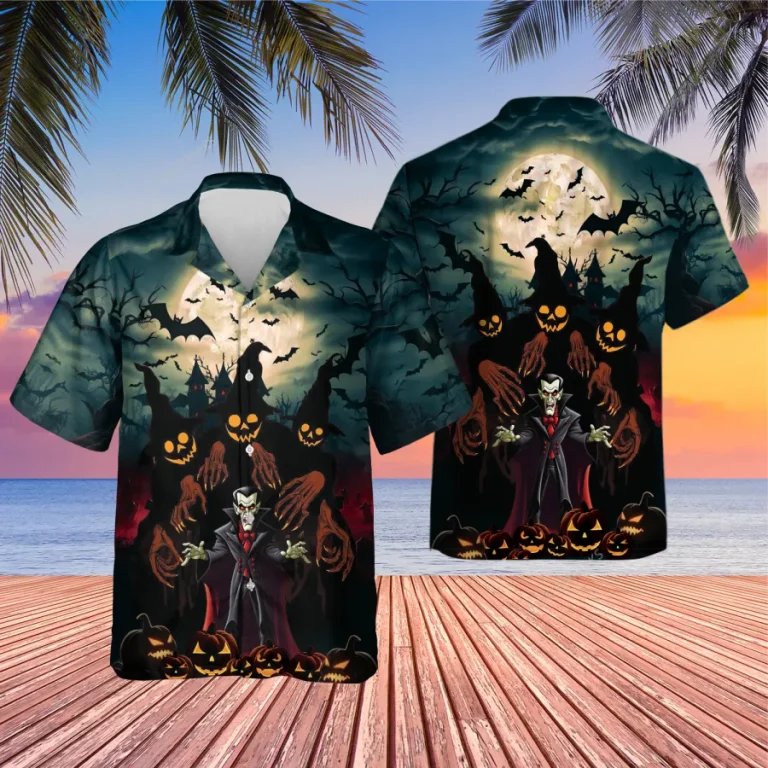 Halloween Vampire Monster Unisex Hawaiian Shirts, Horror Devil Picture Shirt, Forest Patterned Aloha Shirt, Creepy Vibes Fashion