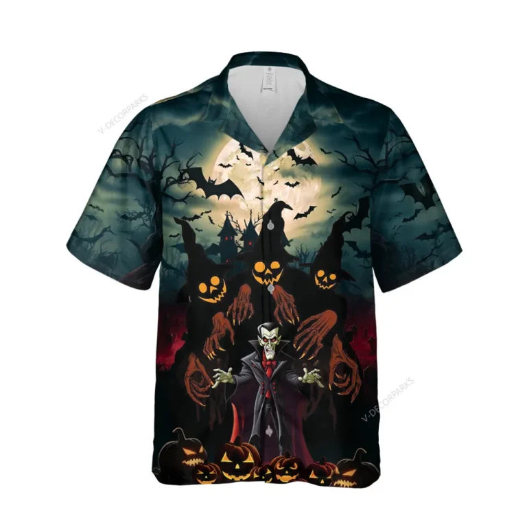 Halloween Vampire Monster Unisex Hawaiian Shirts, Horror Devil Picture Shirt, Forest Patterned Aloha Shirt, Creepy Vibes Fashion
