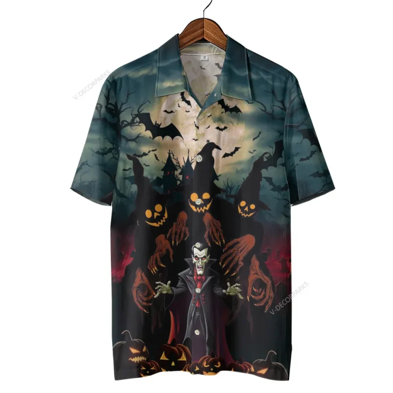 Halloween Vampire Monster Unisex Hawaiian Shirts, Horror Devil Picture Shirt, Forest Patterned Aloha Shirt, Creepy Vibes Fashion
