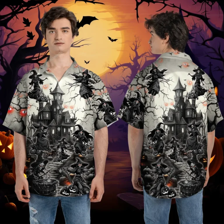 Halloween Monogram Witch Skull Unisex Hawaiian Shirt, Grim Reaper Printed Aloha Shirt, Summer Beach Clothing, Pumpkin Printed Top, All Ages Wear