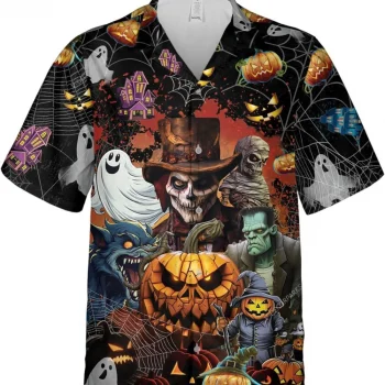 Halloween Creatures Button Down Hawaiian Shirts For Men Women, Horror Halloween Shirt, Ghost, Mummy, Vampire Shirt, Casual Printed Beach Shirt