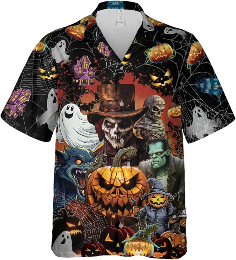 Halloween Creatures Button Down Hawaiian Shirts For Men Women, Horror Halloween Shirt, Ghost, Mummy, Vampire Shirt, Casual Printed Beach Shirt