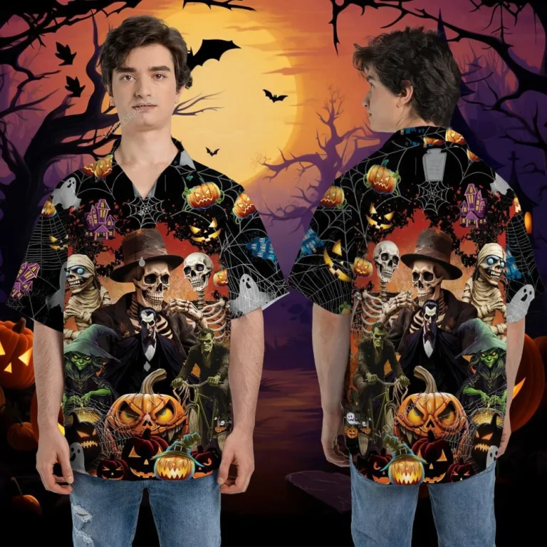 Halloween Mummy Frankenstein Ghost And Vampire Hawaiian Shirts, Halloween Shirt, Halloween Button Down Short Sleeve Shirt, Hawaiian Style Shirt