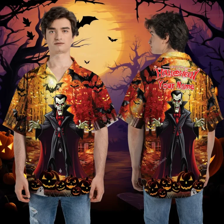 Horror Vampire Halloween Hawaiian Shirts, Autumn Maple Forest Pattern Shirt, Fall Vibes Unisex Aloha Shirt, Spooky Pumpkin Printed Shirt