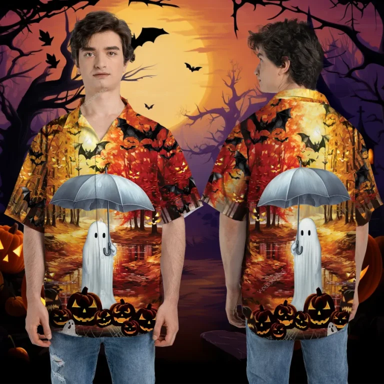 Boo With Umbrella Unisex Hawaiian Shirts, Halloween Horror Forest Pattern Shirt, Fall Vibes Aloha Shirt, Cute Ghost Pattern Top