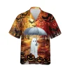 Boo With Umbrella Unisex Hawaiian Shirts, Halloween Horror Forest Pattern Shirt, Fall Vibes Aloha Shirt, Cute Ghost Pattern Top