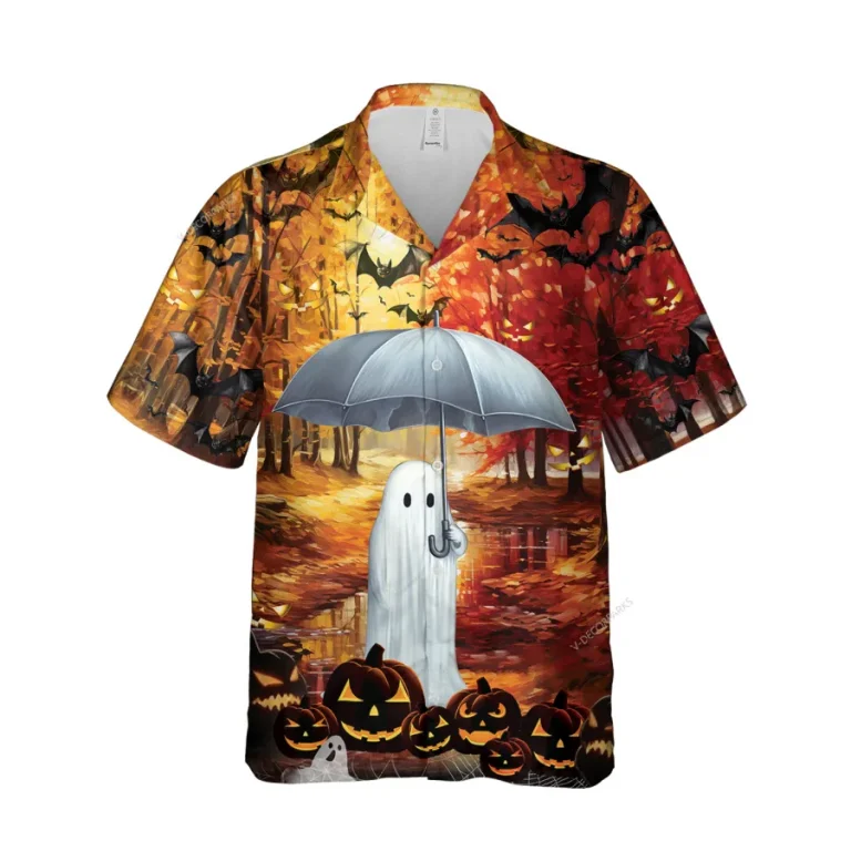 Boo With Umbrella Unisex Hawaiian Shirts, Halloween Horror Forest Pattern Shirt, Fall Vibes Aloha Shirt, Cute Ghost Pattern Top