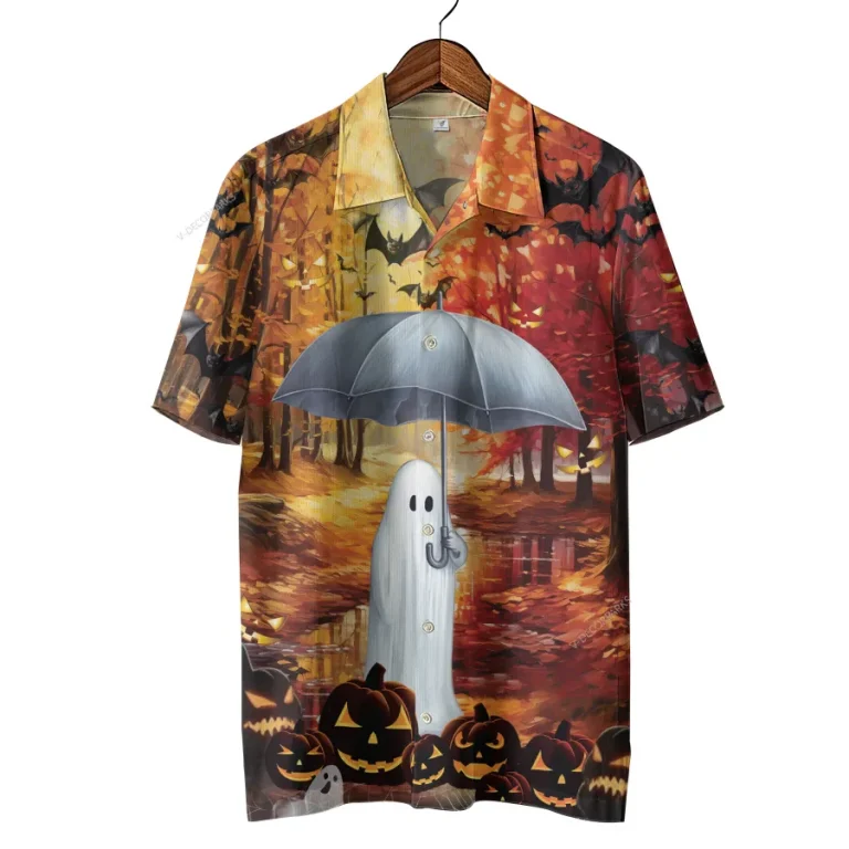 Boo With Umbrella Unisex Hawaiian Shirts, Halloween Horror Forest Pattern Shirt, Fall Vibes Aloha Shirt, Cute Ghost Pattern Top