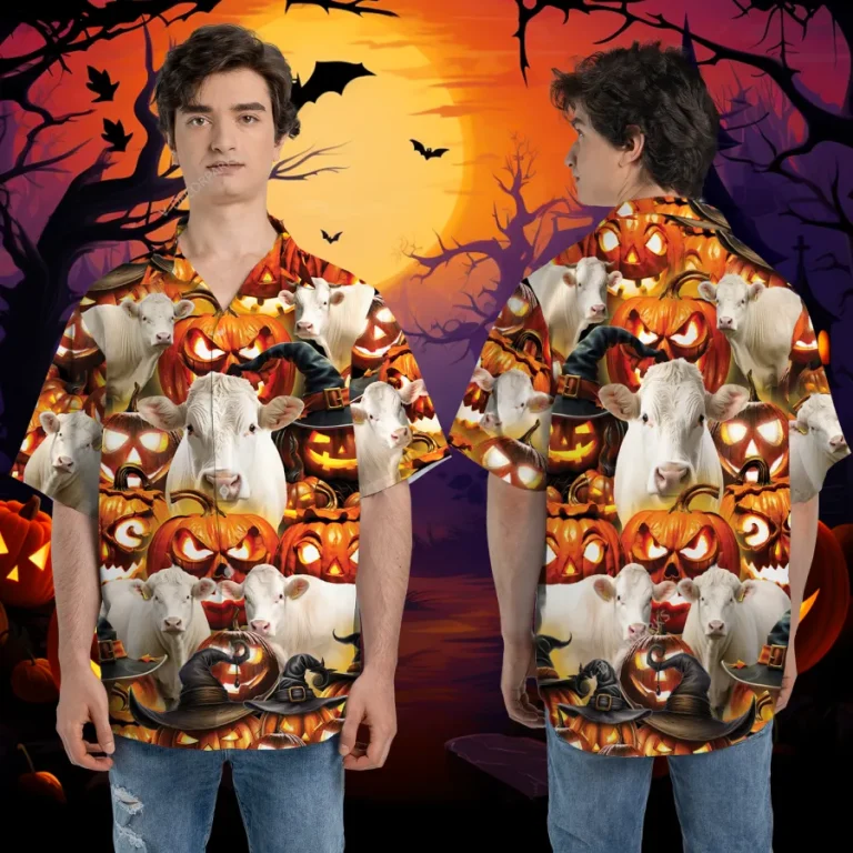 White Moo Cow Halloween Hawaiian Shirt, Cattle Printed Aloha Button Down Shirt, Horror Pumpkin Pattern Clothing, Halloween Farmer Gift