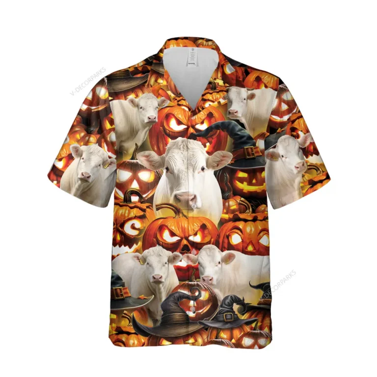 White Moo Cow Halloween Hawaiian Shirt, Cattle Printed Aloha Button Down Shirt, Horror Pumpkin Pattern Clothing, Halloween Farmer Gift
