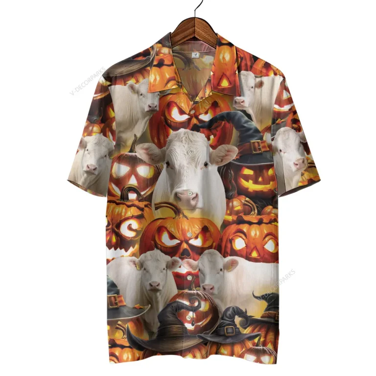 White Moo Cow Halloween Hawaiian Shirt, Cattle Printed Aloha Button Down Shirt, Horror Pumpkin Pattern Clothing, Halloween Farmer Gift