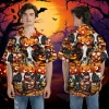 Spooky Pumpkin Witch Halloween Unisex Hawaiian Shirt, Horror Character Printed Aloha Button Down Shirt, Wicked Pumpkin Pattern Clothing, Casual Wear