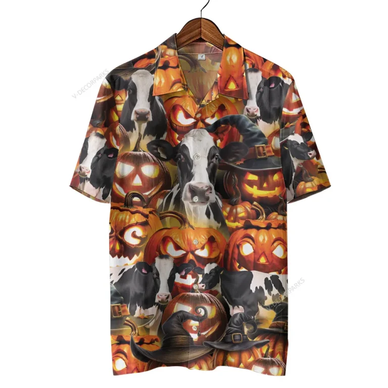 Spooky Pumpkin Witch Halloween Unisex Hawaiian Shirt, Horror Character Printed Aloha Button Down Shirt, Wicked Pumpkin Pattern Clothing, Casual Wear