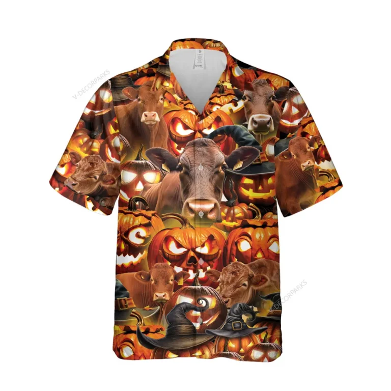 Scary Red Angus Unisex Halloween Hawaiian Shirt, Farm Pattern Aloha Beach Shirt, Pumpkin Witch Pattern Clothing, Ranch Housewarming Gift