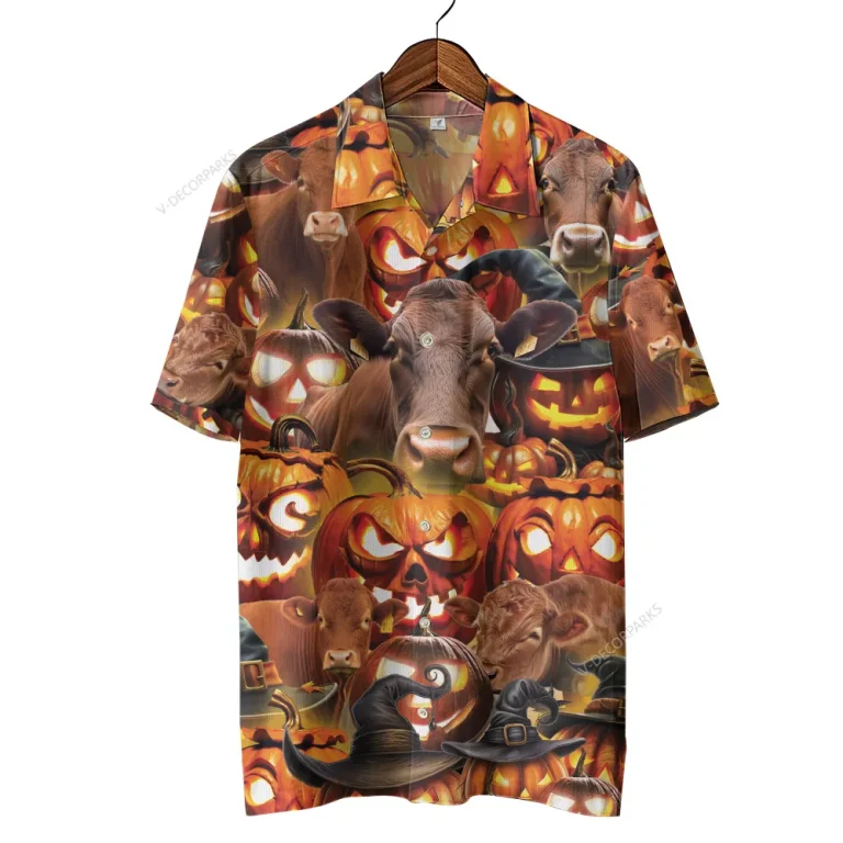Scary Red Angus Unisex Halloween Hawaiian Shirt, Farm Pattern Aloha Beach Shirt, Pumpkin Witch Pattern Clothing, Ranch Housewarming Gift