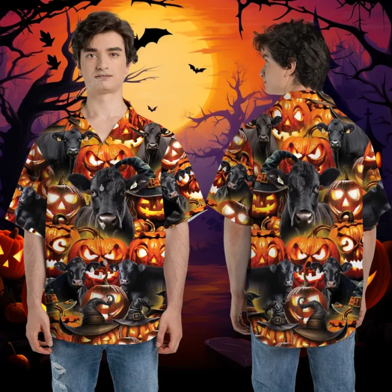 Wicked Black Angus Unisex Halloween Hawaiian Shirt, Cattle Printed Aloha Beach Shirt, Spooky Pumpkin Clothing, Farmer Housewarming Gift