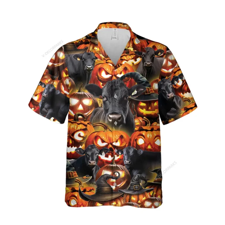Wicked Black Angus Unisex Halloween Hawaiian Shirt, Cattle Printed Aloha Beach Shirt, Spooky Pumpkin Clothing, Farmer Housewarming Gift