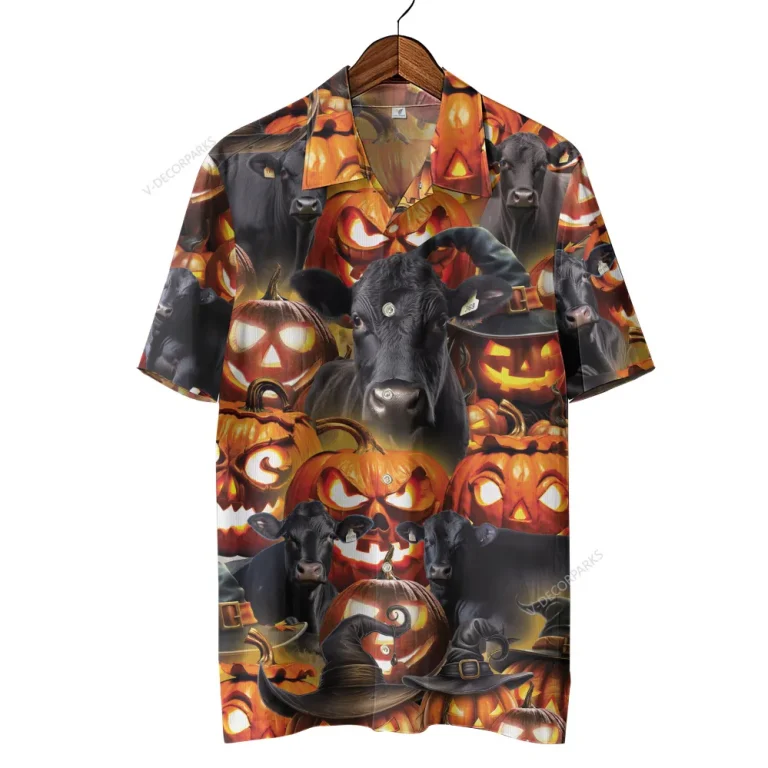 Wicked Black Angus Unisex Halloween Hawaiian Shirt, Cattle Printed Aloha Beach Shirt, Spooky Pumpkin Clothing, Farmer Housewarming Gift