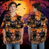 Witch Black Cat Halloween Hawaiian Shirt, Cat Lover Printed Aloha Beach Shirt, Spooky Pumpkin Pattern Clothing, Pet Lover Top, Halloween Gift