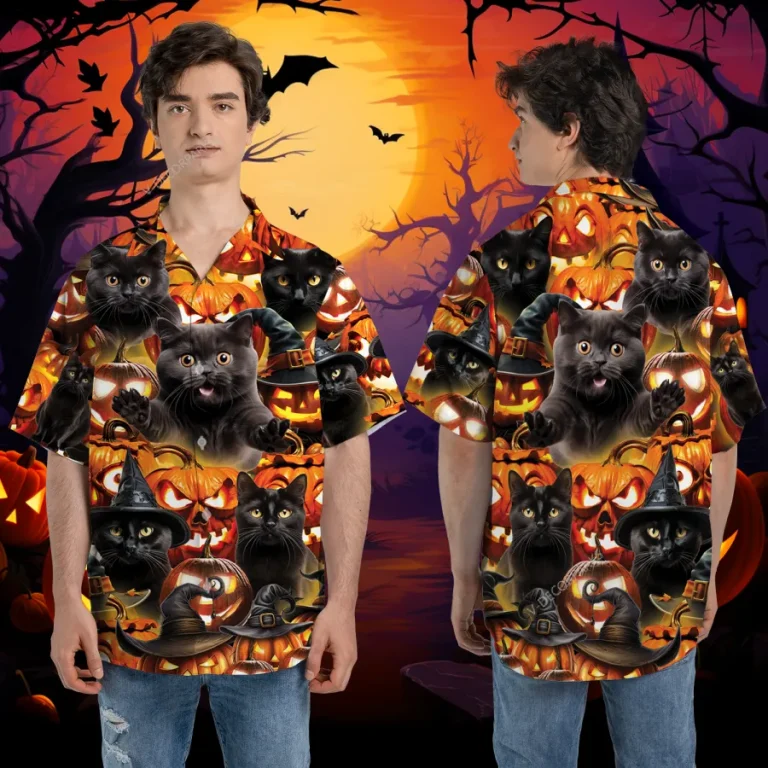 Witch Black Cat Halloween Hawaiian Shirt, Cat Lover Printed Aloha Beach Shirt, Spooky Pumpkin Pattern Clothing, Pet Lover Top, Halloween Gift
