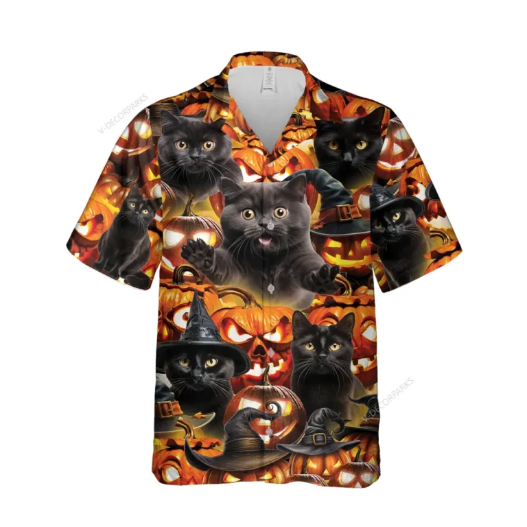 Witch Black Cat Halloween Hawaiian Shirt, Cat Lover Printed Aloha Beach Shirt, Spooky Pumpkin Pattern Clothing, Pet Lover Top, Halloween Gift