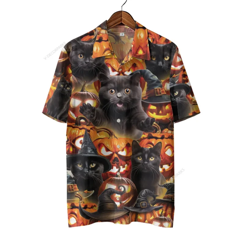 Witch Black Cat Halloween Hawaiian Shirt, Cat Lover Printed Aloha Beach Shirt, Spooky Pumpkin Pattern Clothing, Pet Lover Top, Halloween Gift