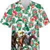 Horse Jockey Tropical Pattern Hawaiian Shirts For Men, Horse Racing And Hibiscus Flower Hawaiian Aloha Shirt, Summer Beach Shirt, Horse Shirt